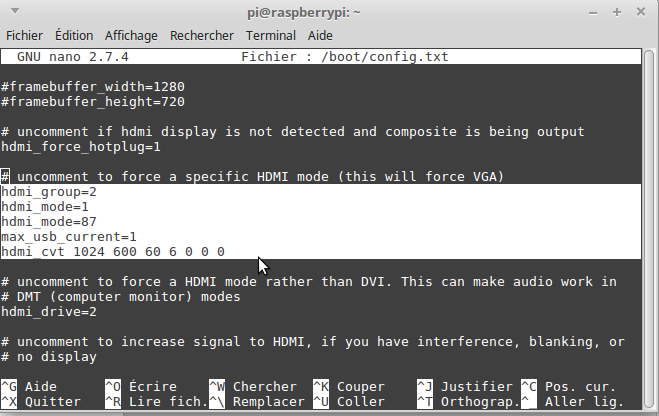 Ecriture des paramètres HDMI dans le fichier config.txt pour la gestion des écrans tactiles génériques pour Raspberry