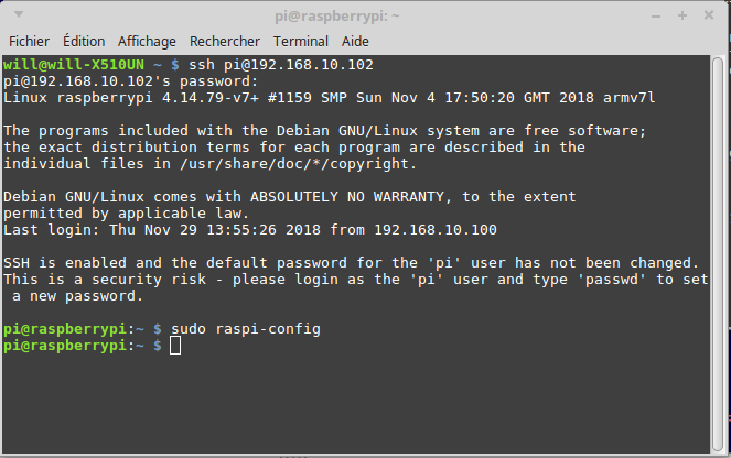 Entrée dans la Raspberry par SSH et ouverture du fichier raspi-config pour paramètrage.